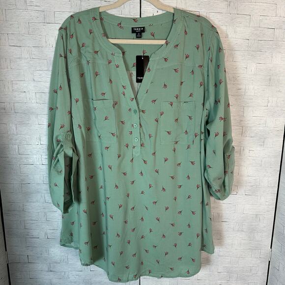 Torrid blouse pullover V-neck roll tap sleeve mint green pink flower plus size - Picture 1 of 8